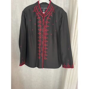 Anne Carson Black and Red Embroidered Silk Evening Jacket 2X‎ Button Front EUC
